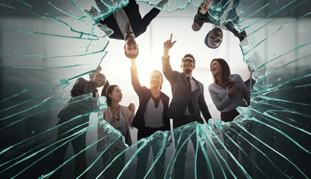 Shattered glass ceiling representing gender equality in the workplace.