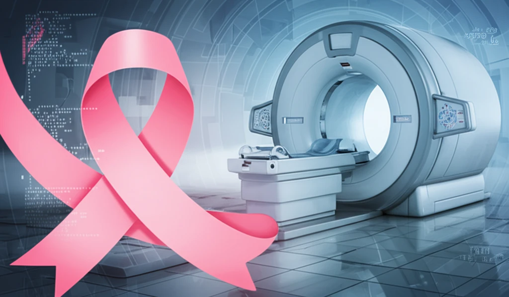 Breast cancer ribbon intertwined with a micro-CT scanner.