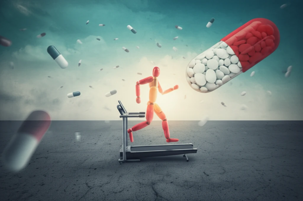 Person running on a treadmill made of pills and capsules.