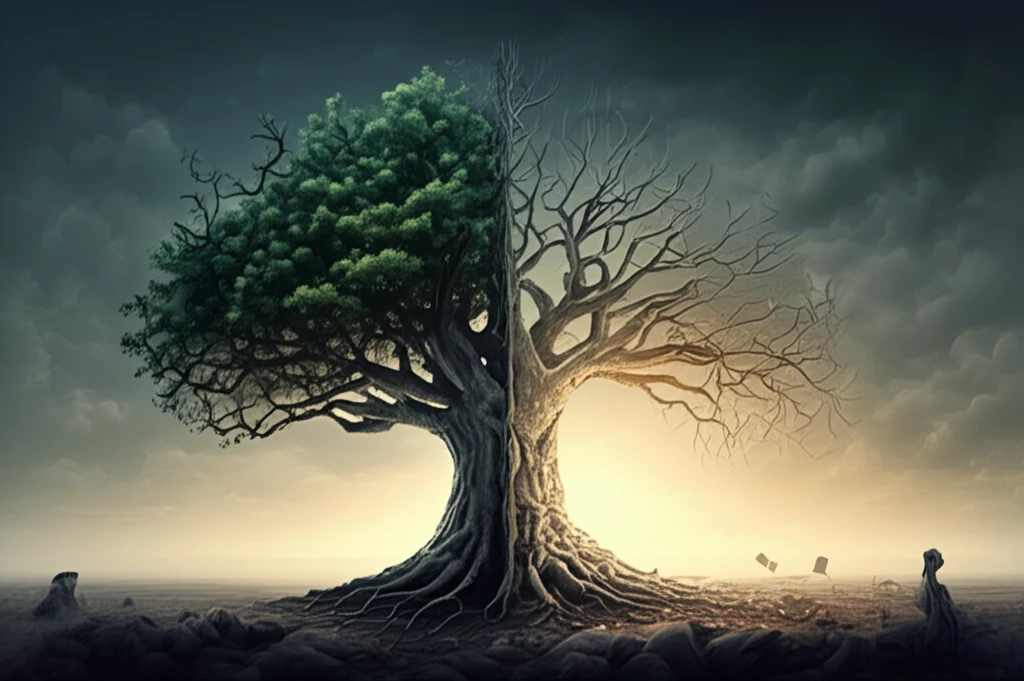 A tree symbolizes liver cancer treatment options, with flourishing branches representing TACE with RFA and slightly withering branches representing hepatectomy.