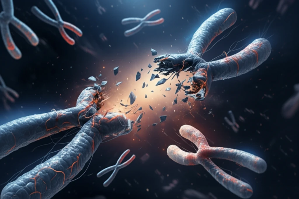 Abstract illustration of chromosomes 8 and 17 intertwining, symbolizing the t(8;17) translocation in leukemia.