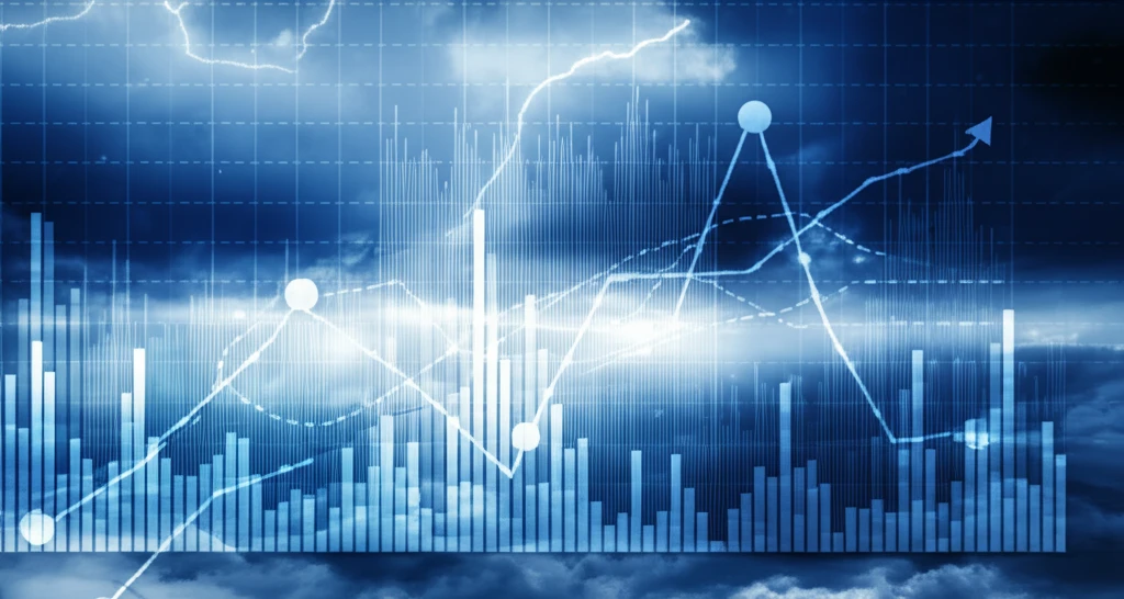 Surreal illustration of financial graphs and stormy skies, symbolizing credit risk.