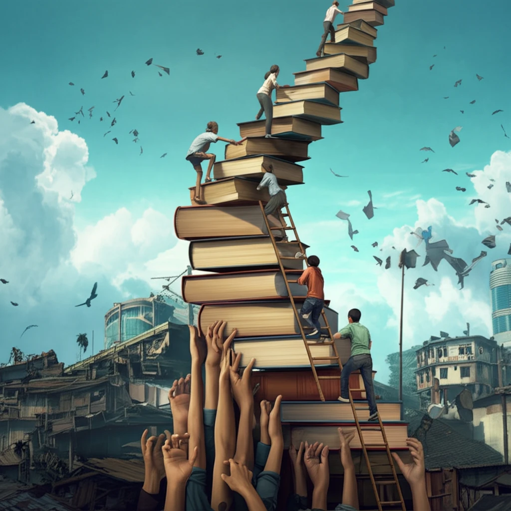 Unequal rungs on a ladder of books symbolizing the challenges of social mobility in education.