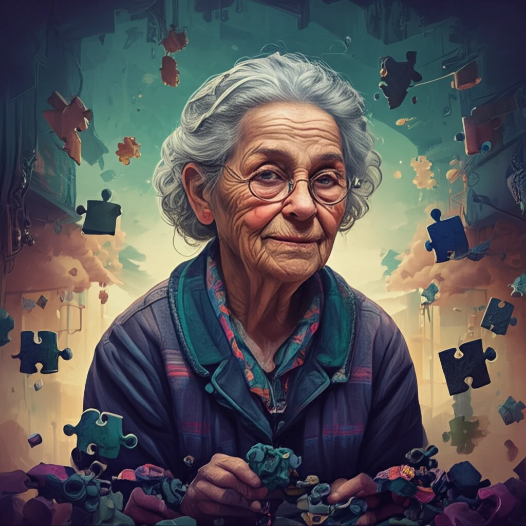 Elderly caregiver surrounded by puzzle pieces, symbolizing resilience and community support.
