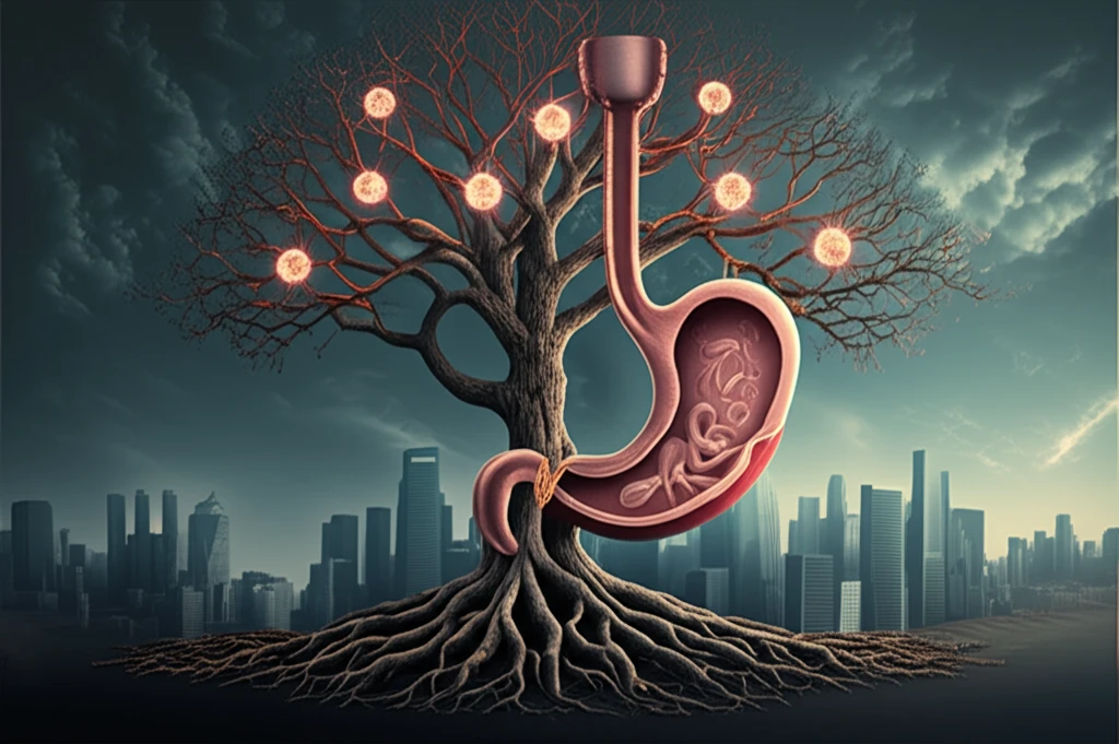 Esophageal cancer risk factors illustrated as a tree with glowing lymph nodes.