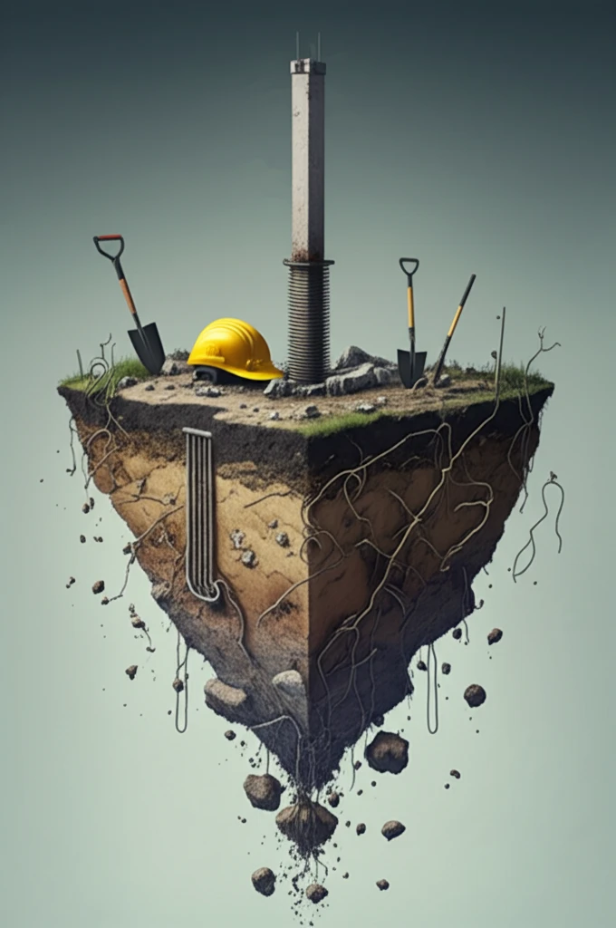 Illustration of a building foundation resting on a cross-section of earth, showing different soil layers and investigation tools.