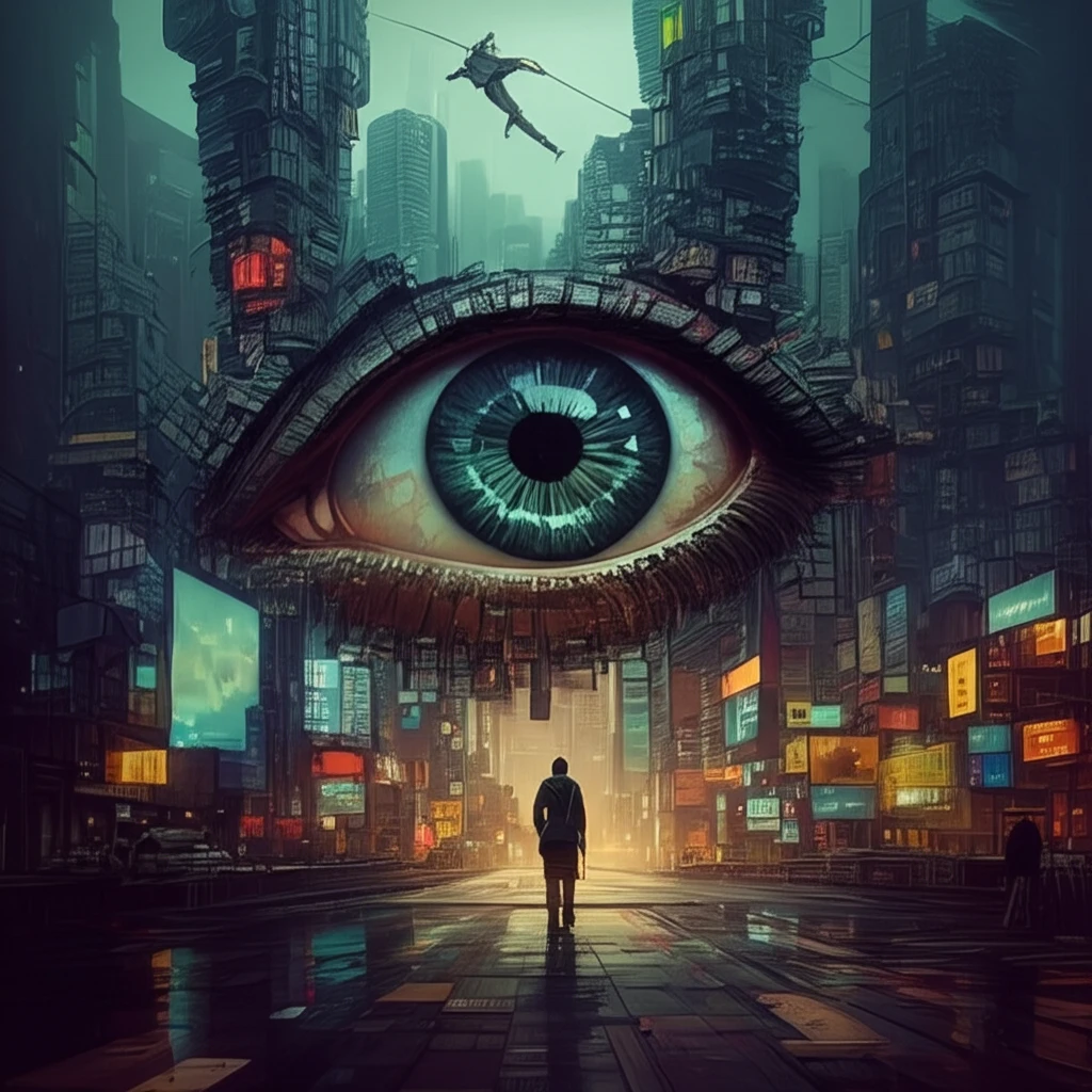 Surreal cityscape with buildings as stock prices and a Bayesian eye.