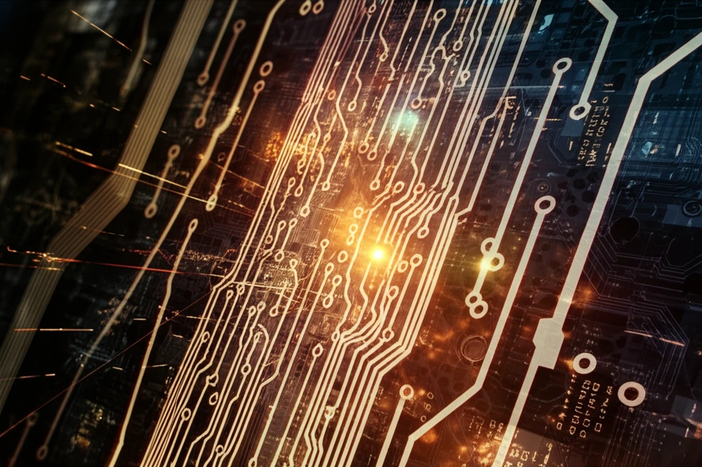 Quantum Monte Carlo simulation: A quantum circuit board interwoven with a financial graph, symbolizing the convergence of quantum computing and financial risk management.