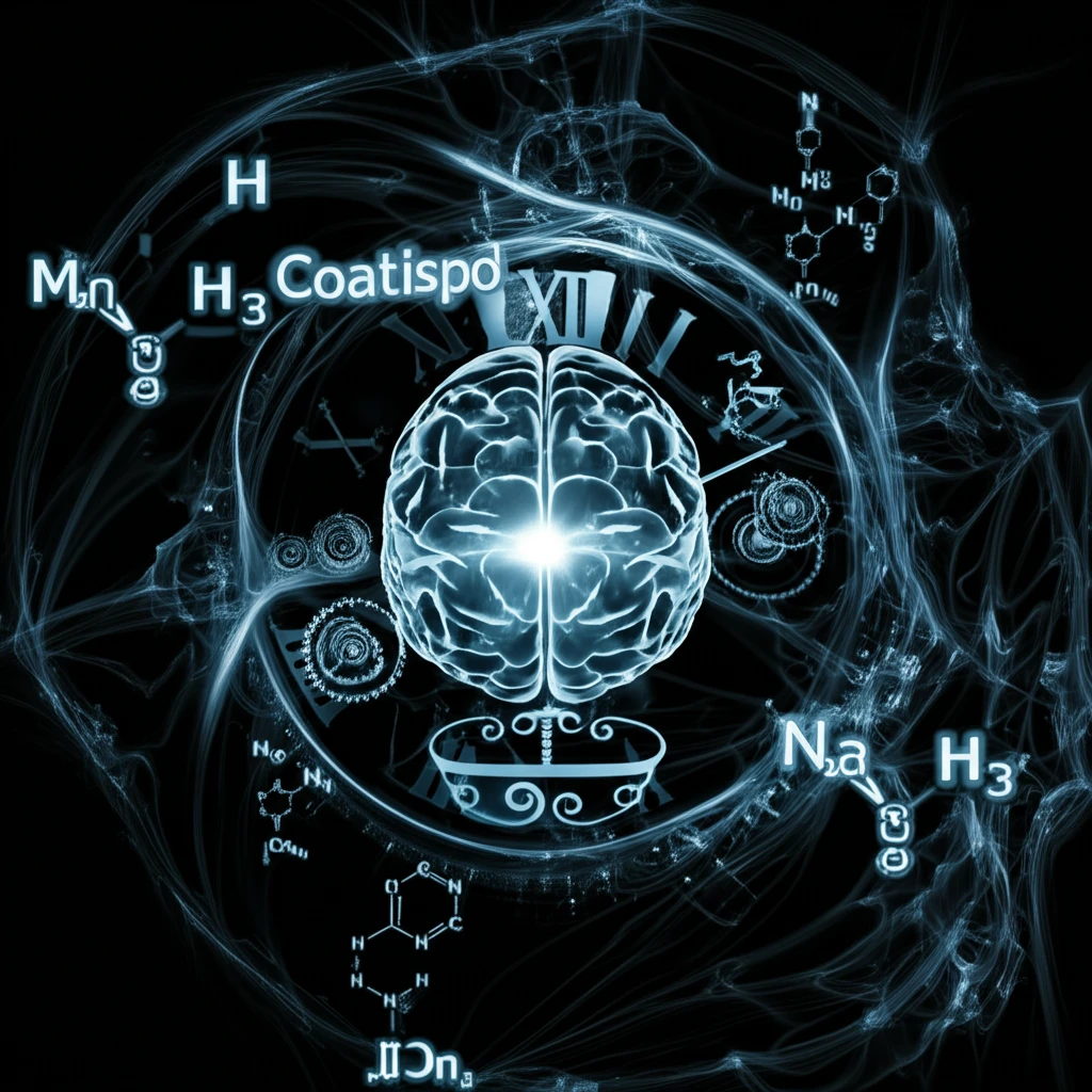 A surreal illustration of a brain merging with a clock, surrounded by glowing melatonin molecules and balanced cortisol symbols, representing the connection between circadian rhythms and cognitive health.