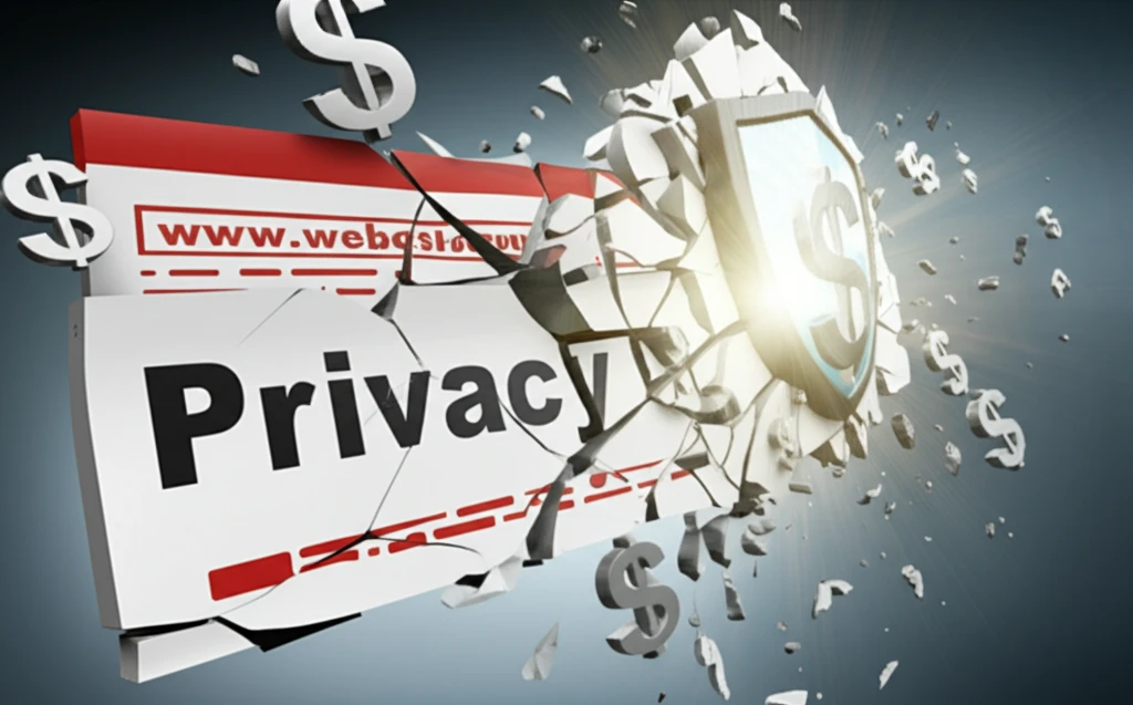 A surreal illustration showing a website collapsing with dollar signs falling, contrasted by a protective shield representing user privacy.