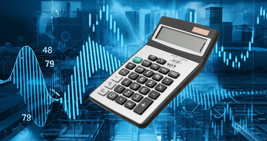 Calculator emitting cosine waves over a stock chart city, symbolizing precise option pricing.