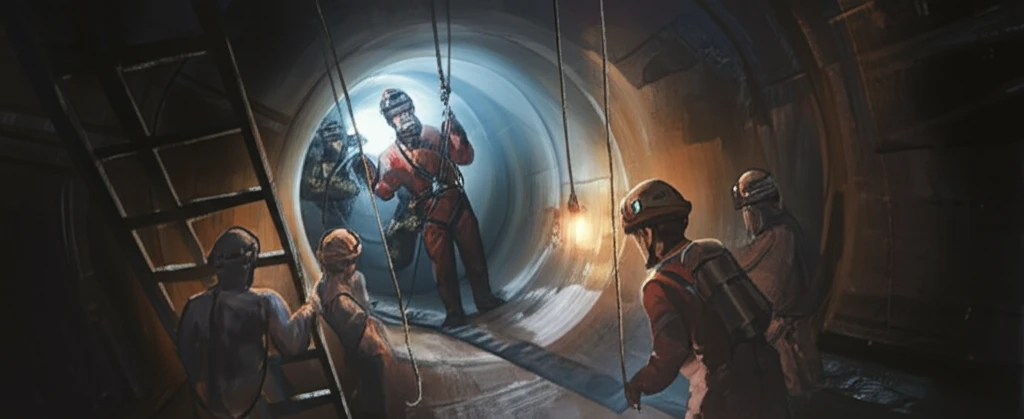 Confined space rescue team extracting a worker from an industrial tank