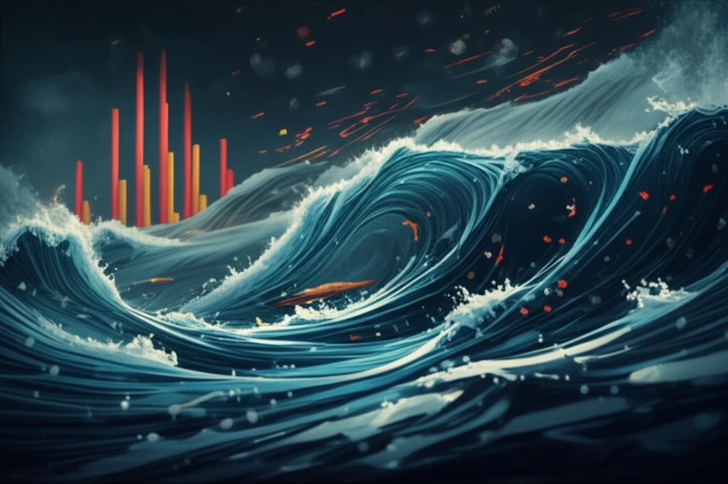Stock charts merging with calming waves, representing market dynamics.