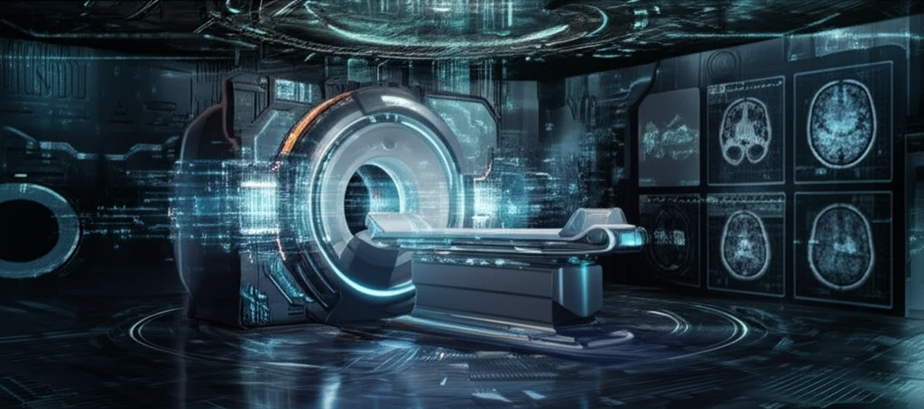 Futuristic MRI scanner powered by GPUs, visualizing enhanced medical imaging.