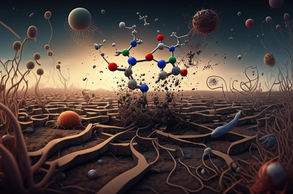 Surreal illustration of metformin degradation in soil.
