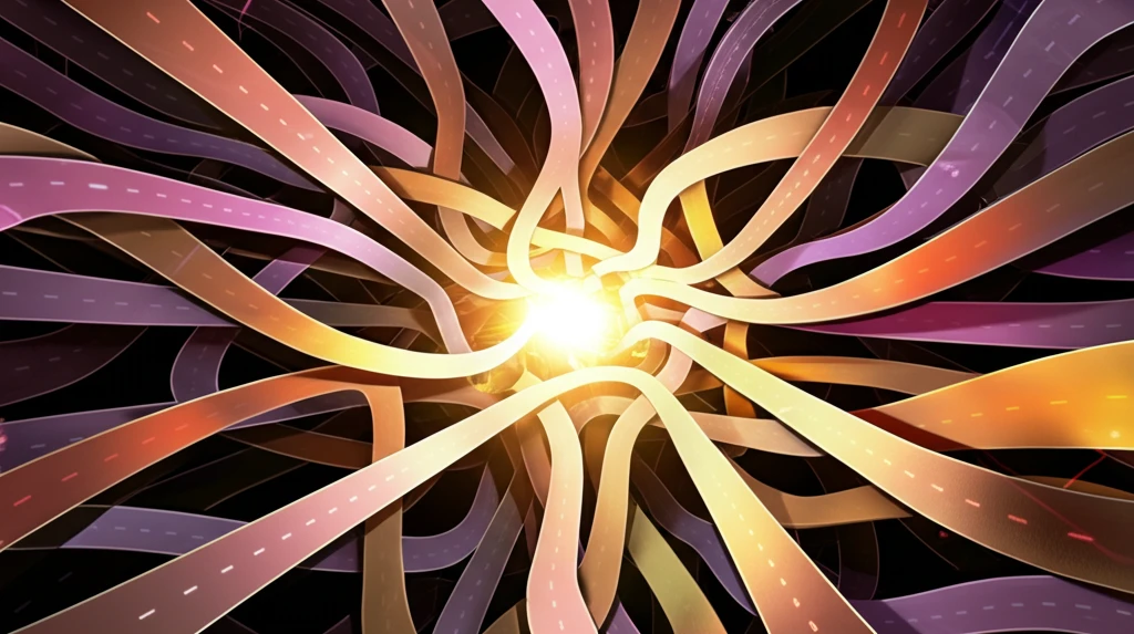 Interconnected pathways merging into a glowing sphere, representing policy outcomes.