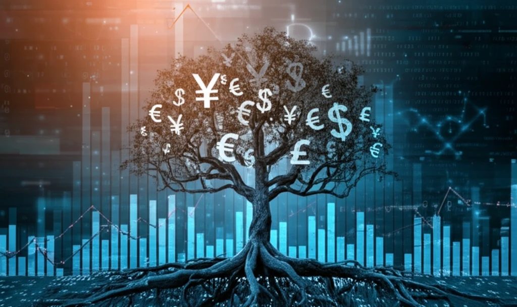 Binary tree on stock market graph representing market trends and financial prediction.