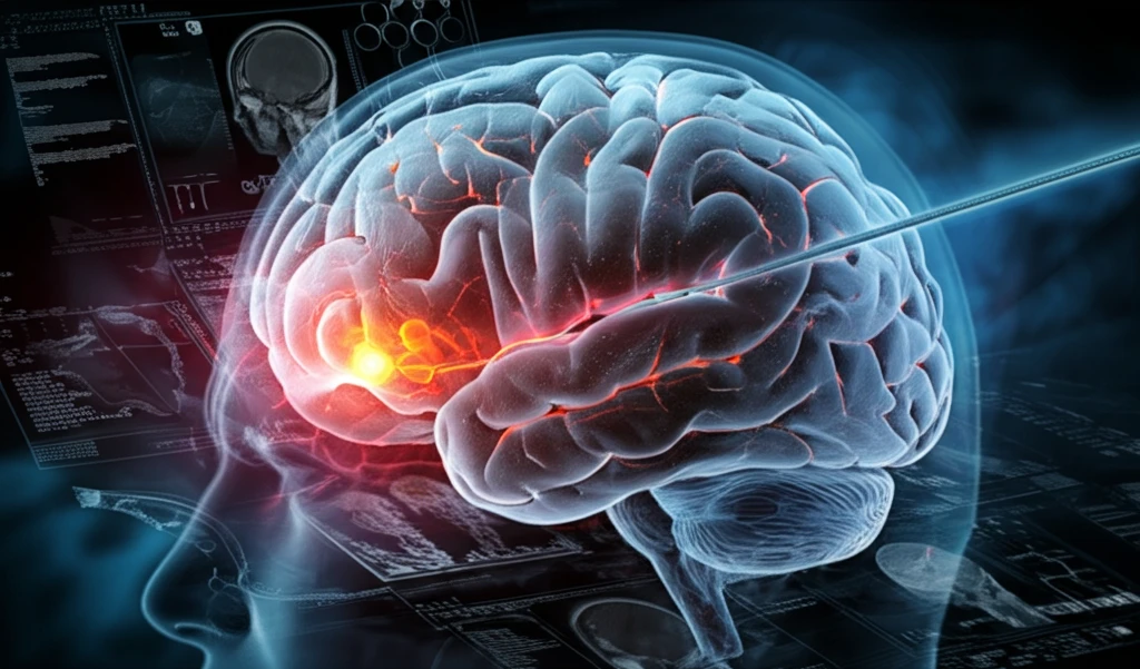 Microcatheter navigating stylized brain with MRI scans overlaid