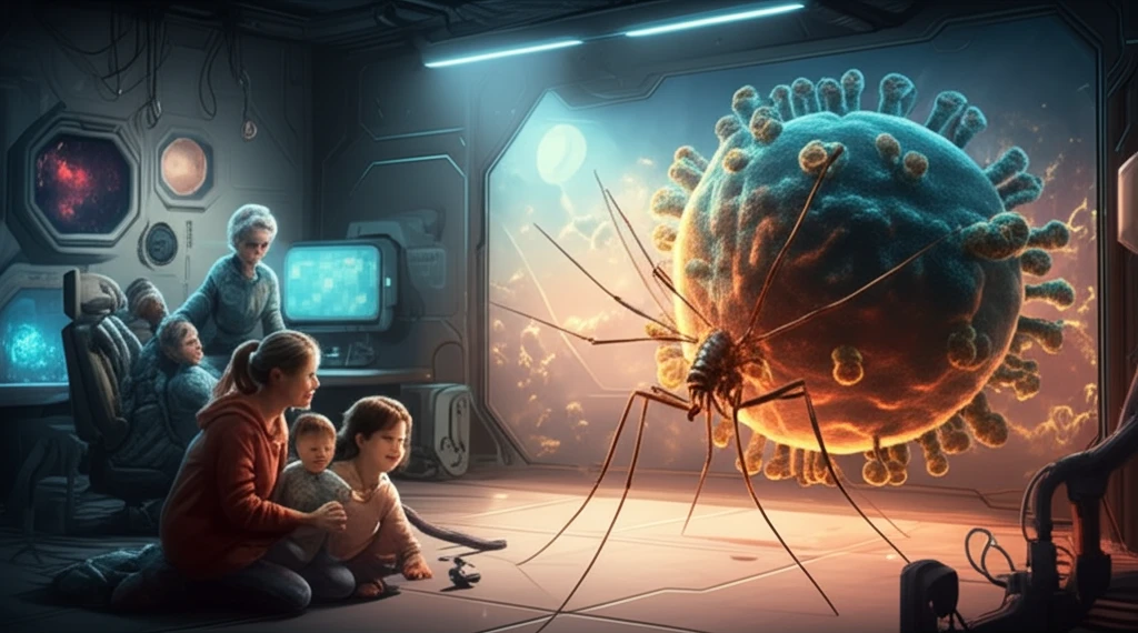 Surreal illustration depicting the asymptomatic spread of Chikungunya virus, merging a lab environment with a cozy home.
