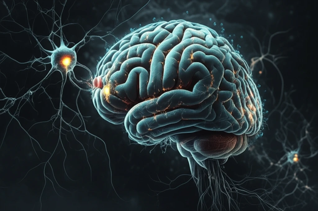 Surreal illustration of a fruit fly brain with glowing neurons and intertwined proteins representing Scalloped and Nerfin-1.