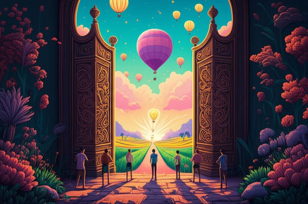 Diverse group struggling to open gate to innovative ideas.