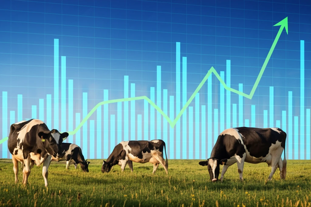 Cattle grazing under a fluctuating graph, representing sustainable beef industry growth.