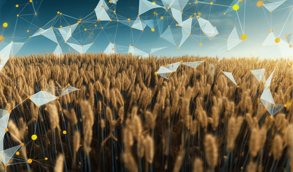 Interconnected nodes forming a wheat field, symbolizing network analysis of grain prices.