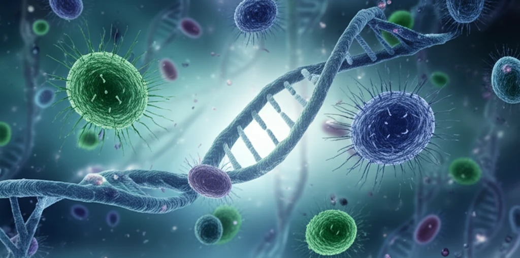 Surreal illustration of interconnected bacterial cells and DNA strands representing Tenericutes classification.
