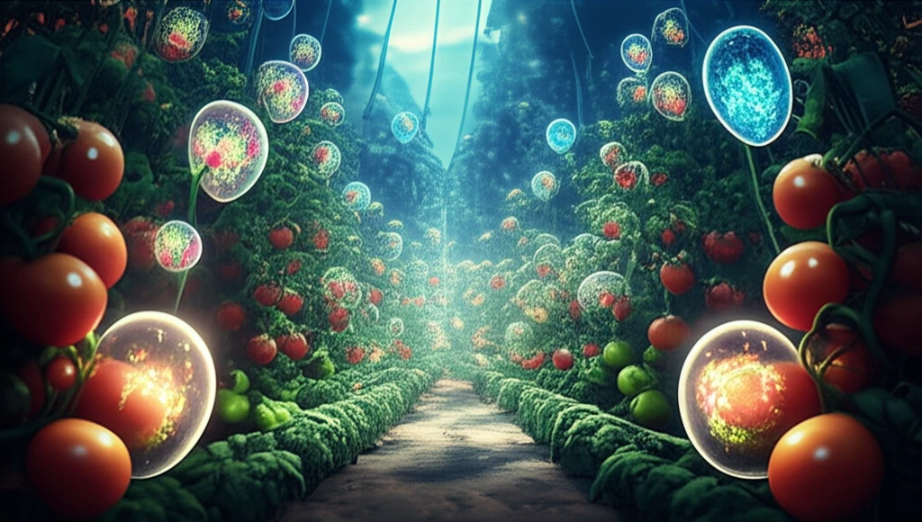 Lush tomato garden protected by isoxazole molecules.