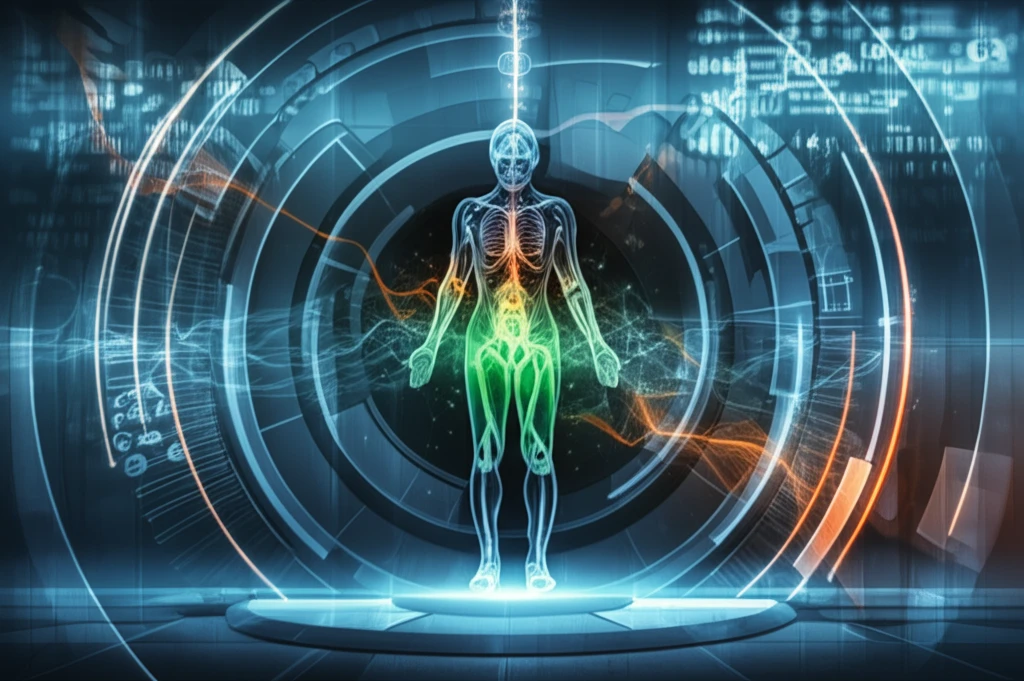 Digital illustration of stylized human body with radiation beams, representing precision in cancer treatment.