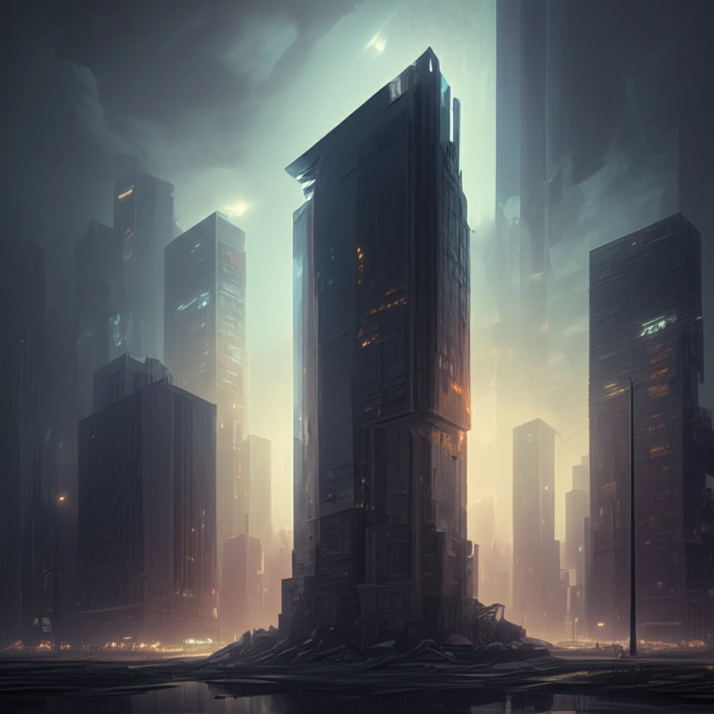 Surreal illustration of skewed cityscape with prominent building, representing mode forecast in economic volatility.