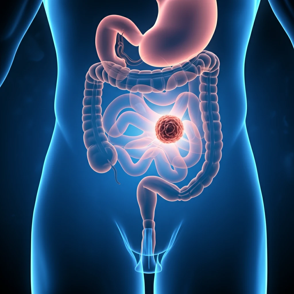 Digital illustration of a healthy digestive system with a highlighted cecal epidermoid cyst.