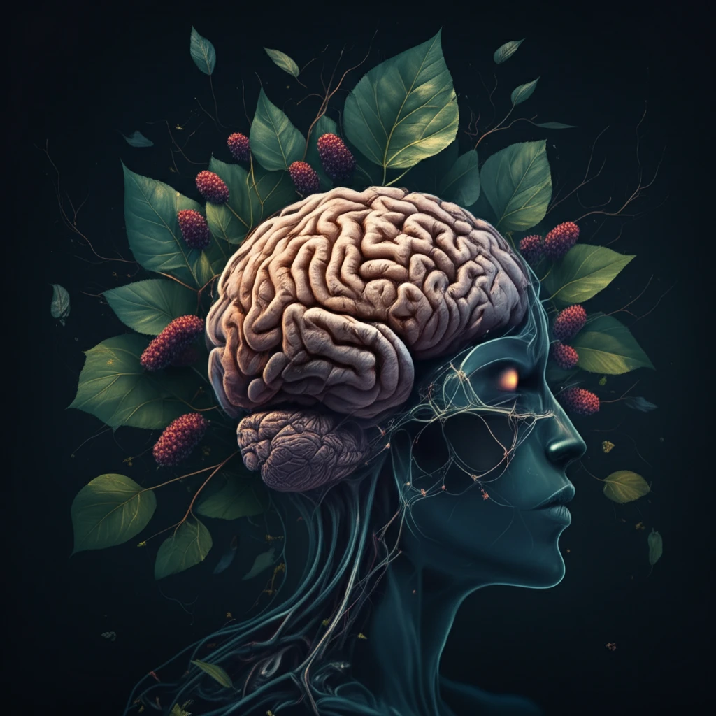 Brain surrounded by mulberry leaves and berries, symbolizing natural healing and brain protection.