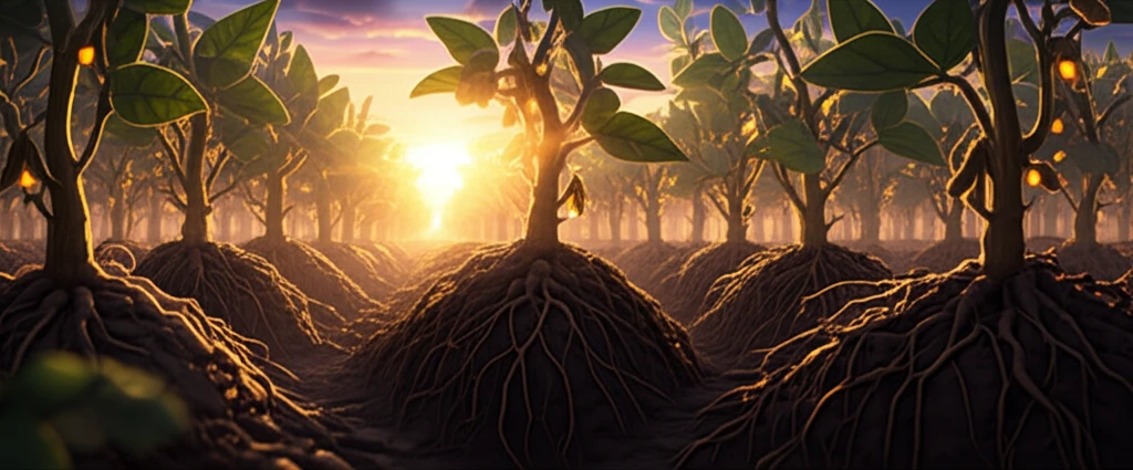 Soybean plants growing in rows with glowing roots.