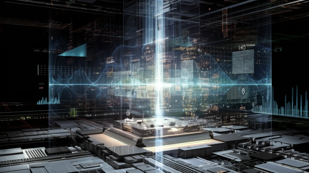 Quantum computer core displaying stock market data.