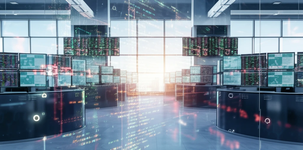 Stock market trading floor with overlaying code represents High-Frequency Trading