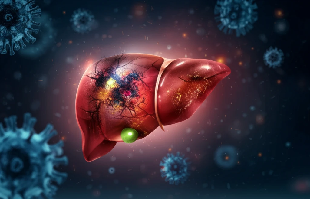 Surreal illustration of interconnected viruses around a damaged liver, symbolizing hepatitis co-infection.