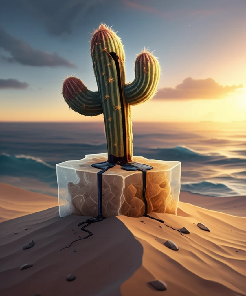 Bio-inspired PDMS sponge absorbing oil in a desert environment.