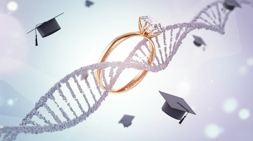 DNA strands forming a wedding ring, symbolizing education and marriage trends.