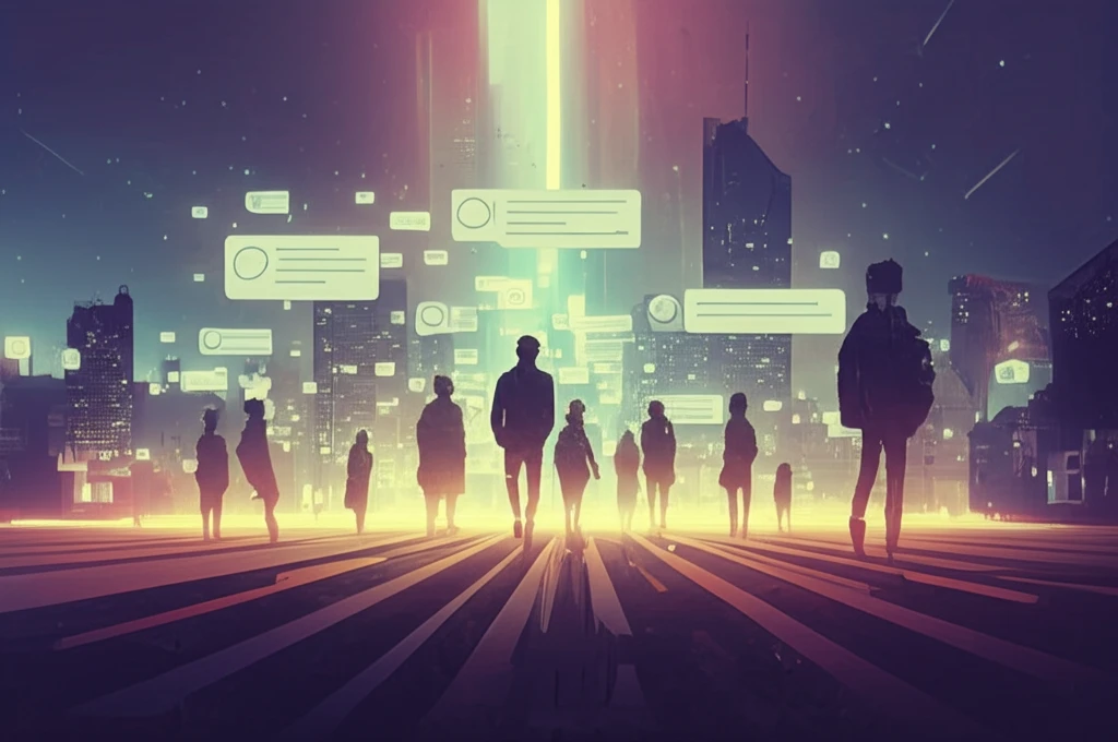 Diverse group of immigrants walking toward a glowing city, guided by personalized information messages.