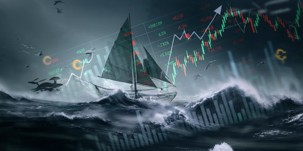 Glass ship sailing through stormy market volatility represented by stock charts.