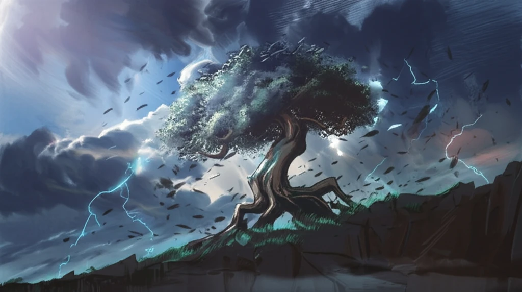 Resilient tree bending in a storm, symbolizing organizational resilience and adaptability.