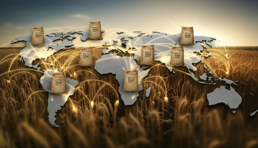 Global trade routes of phosphate, symbolized by glowing lines connecting sources and destinations, illustrating the flow of this vital resource for food security.