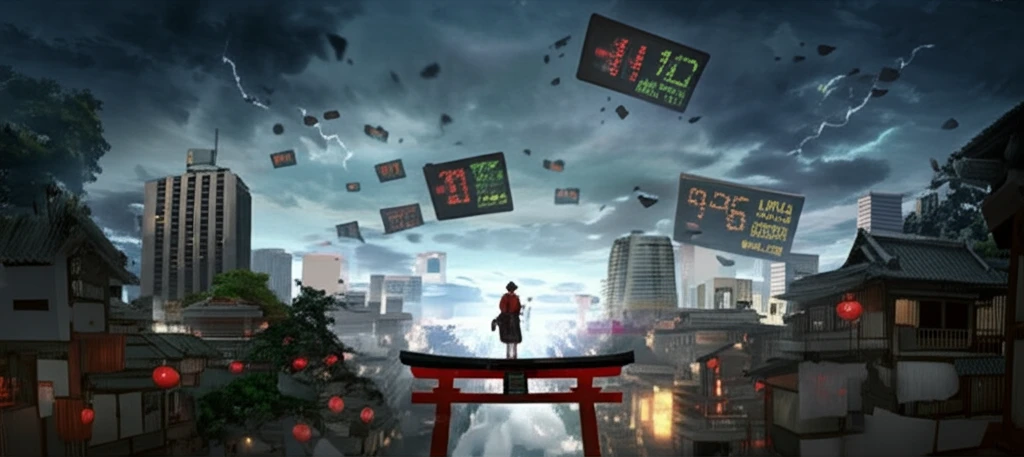 Japanese cityscape with floating stock tickers, symbolizing market uncertainty.
