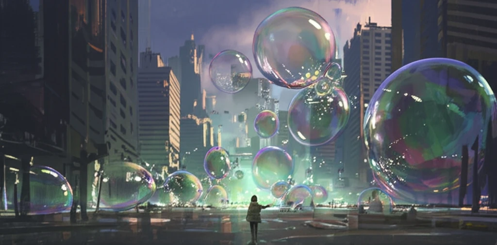 Surreal illustration of a bubble-filled cityscape representing financial risk.
