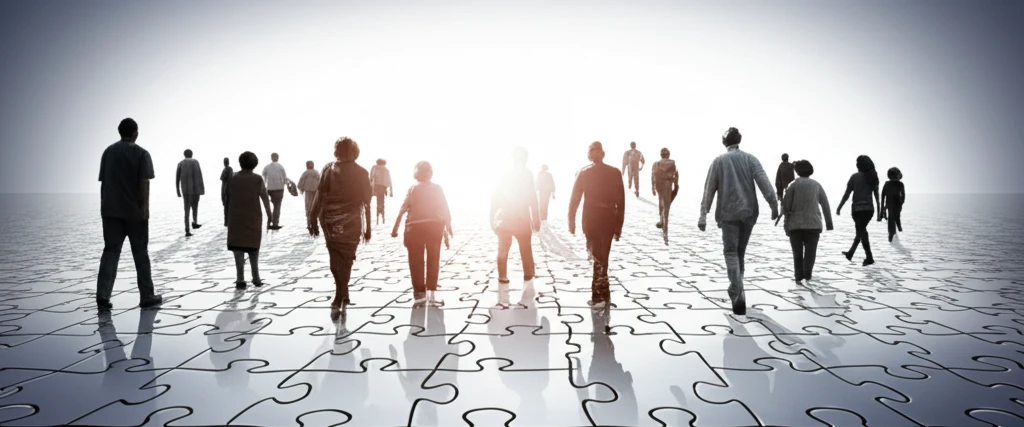 Diverse group walking towards a bright horizon, symbolizing longevity.
