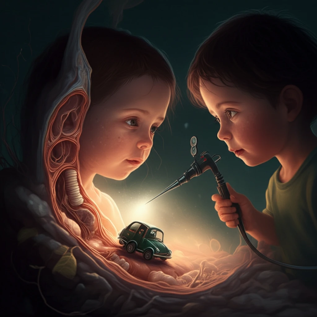 Illustration of bronchoscopy procedure for foreign body removal in a child's airway.