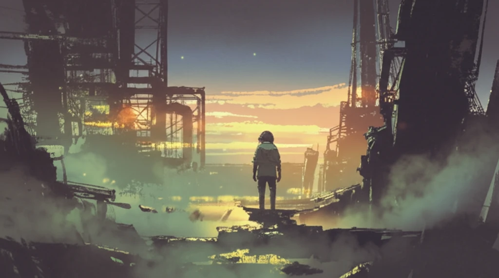 Person finding solace in a misty, post-industrial landscape.