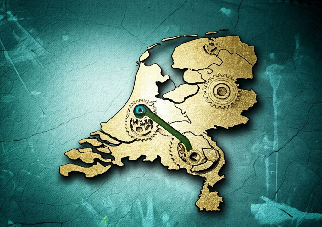 Interconnected web of gears and pipelines forming the shape of the Netherlands representing economic networks.