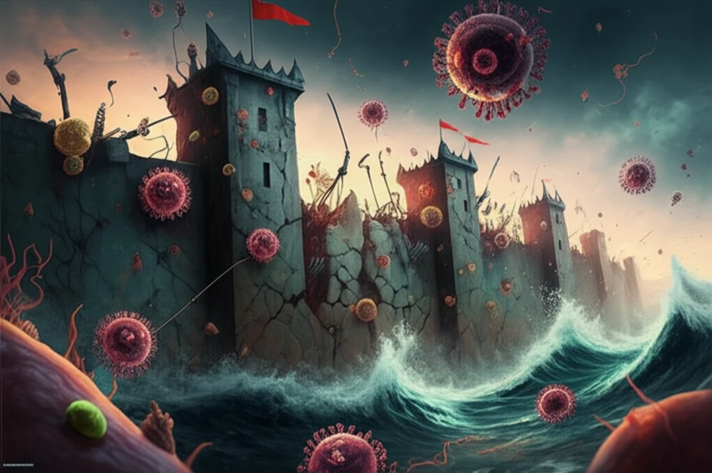 Cancer cells fortified by viruses, with inhibitors breaking down their defenses